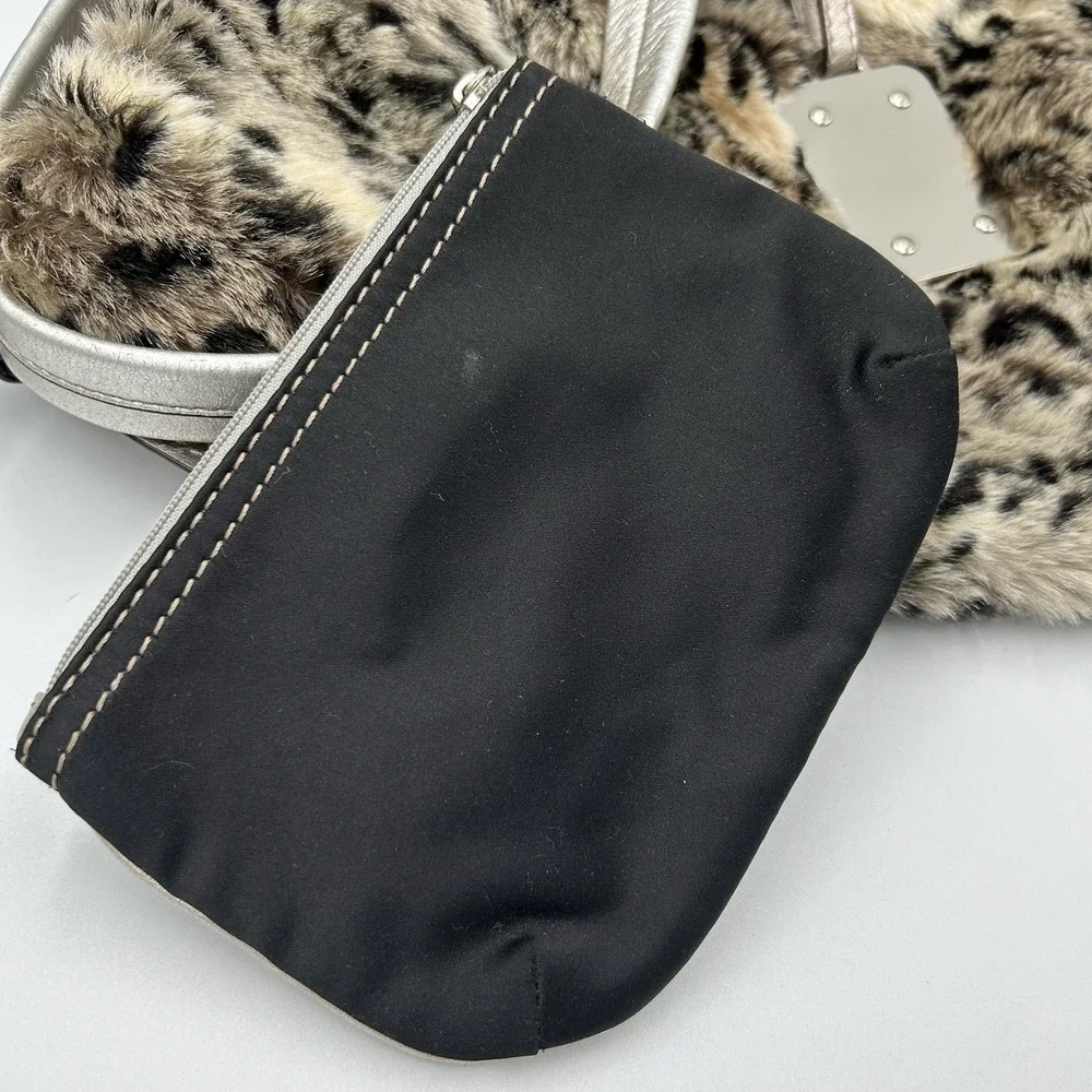 B Makowsky Leopard Print Faux Fur Shoulder Bag Silver Leather Trim Y2K Hobo